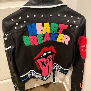 Women's Black Leather Jacket with Heartbreaker Design
